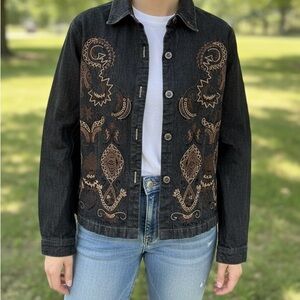 Chico's Black Denim Jacket with Brown Embroidery